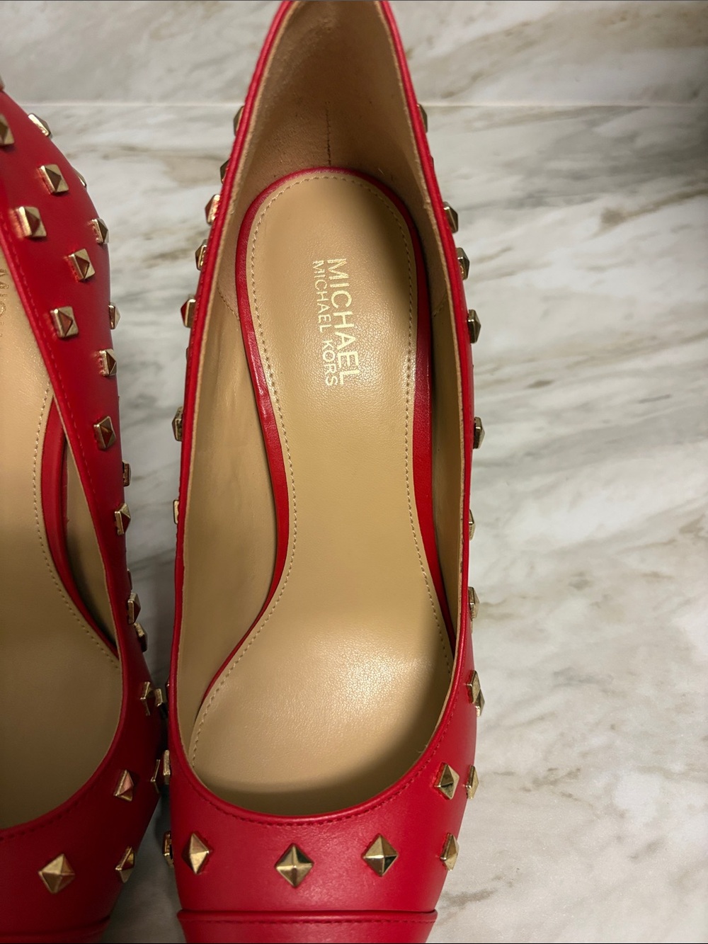 Michael Kors Red Leather Studded Pointed Pumps - Picture 5 of 8